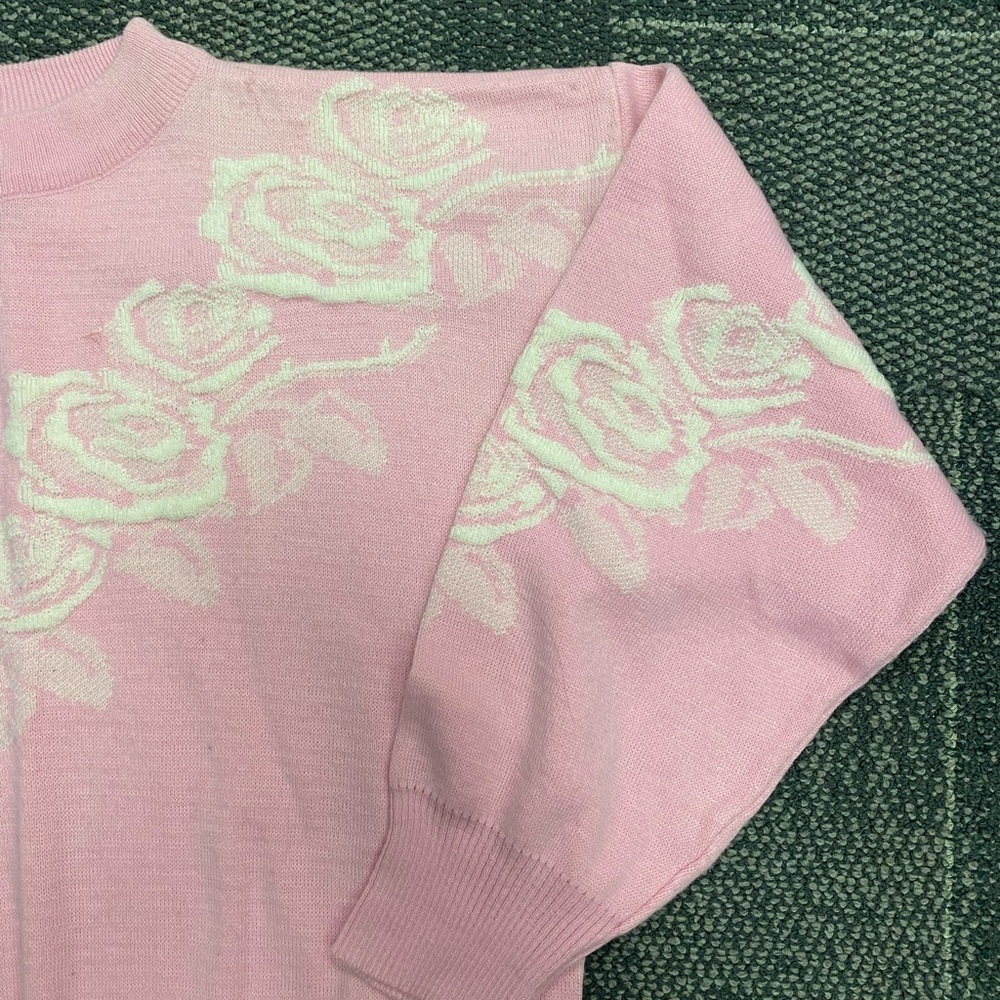 Vintage Pink Rose Grannycore Cottagecore Crewneck Sweater Size Large - Picture 2 of 7